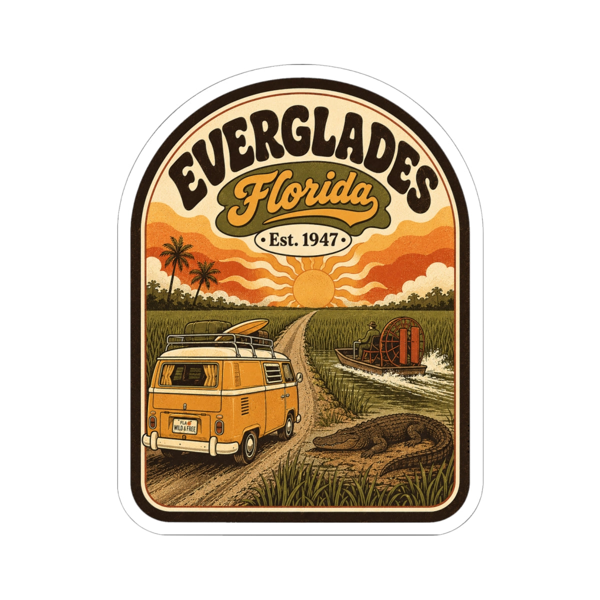 Everglades Florida vintage camper decal sticker with orange van, marsh plants, and sunset sun
