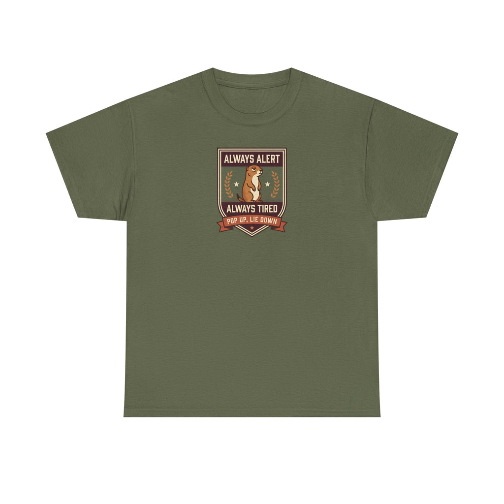 Always Alert Always Tired Badge Tee | Funny Sleepy Squirrel Shirt