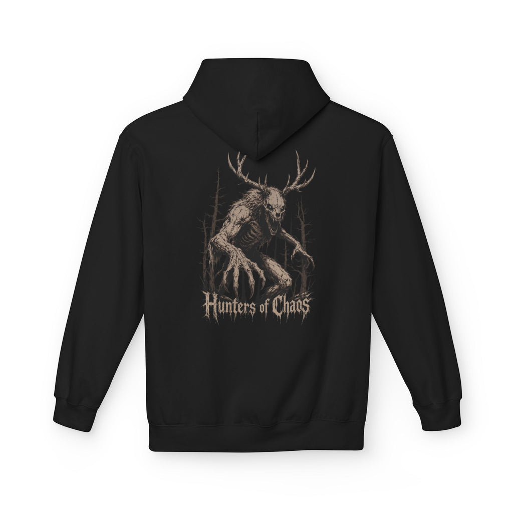 Black cotton hoodie with large back deer graphic and “Hunters of Chaos” text