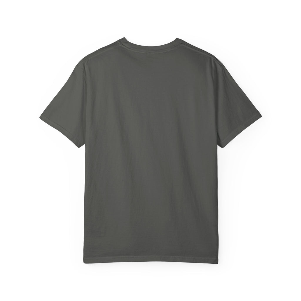 Charcoal crewneck T-shirt, plain front with no visible graphic