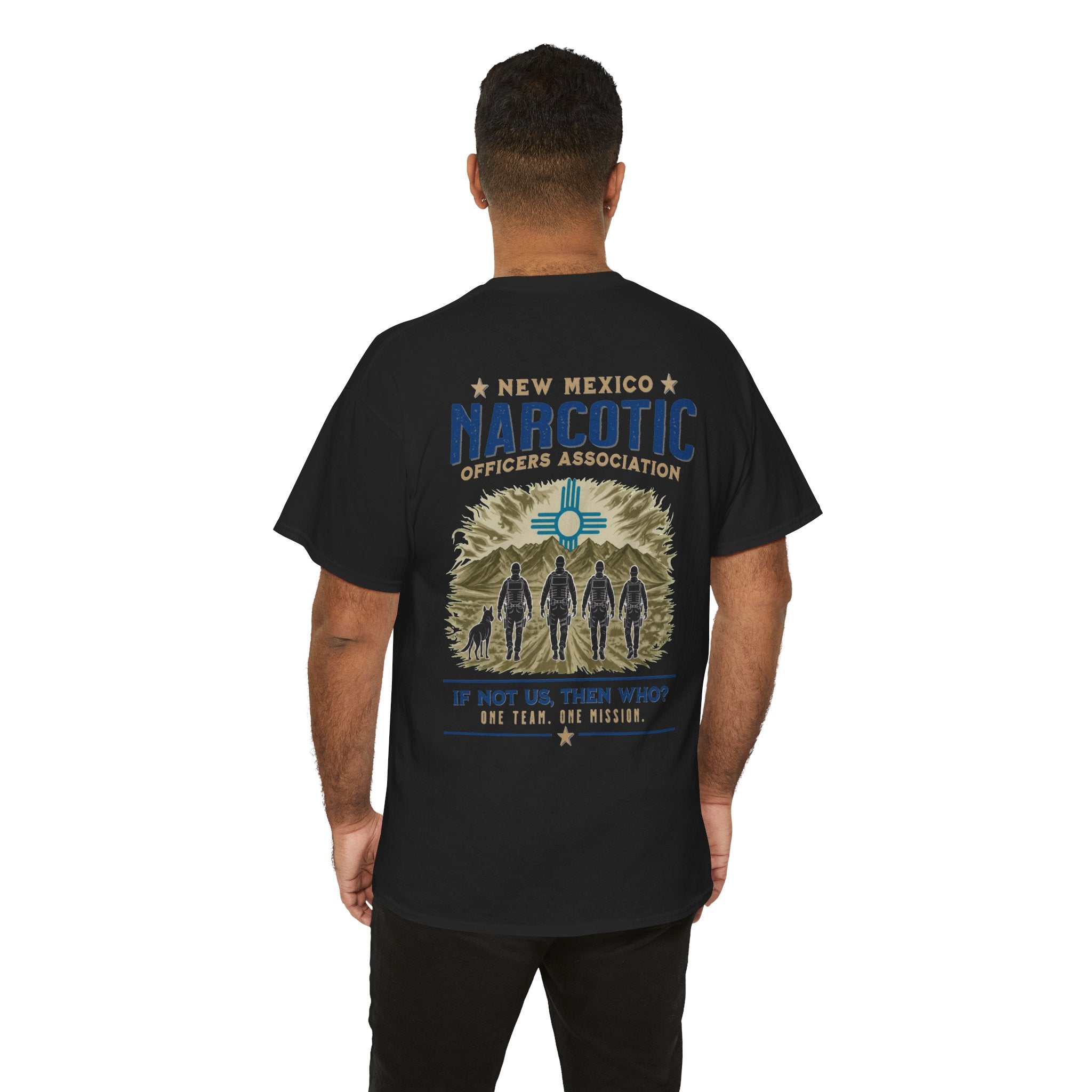 Black crewneck tee on model with large back New Mexico Narcotic Officers Association graphic
