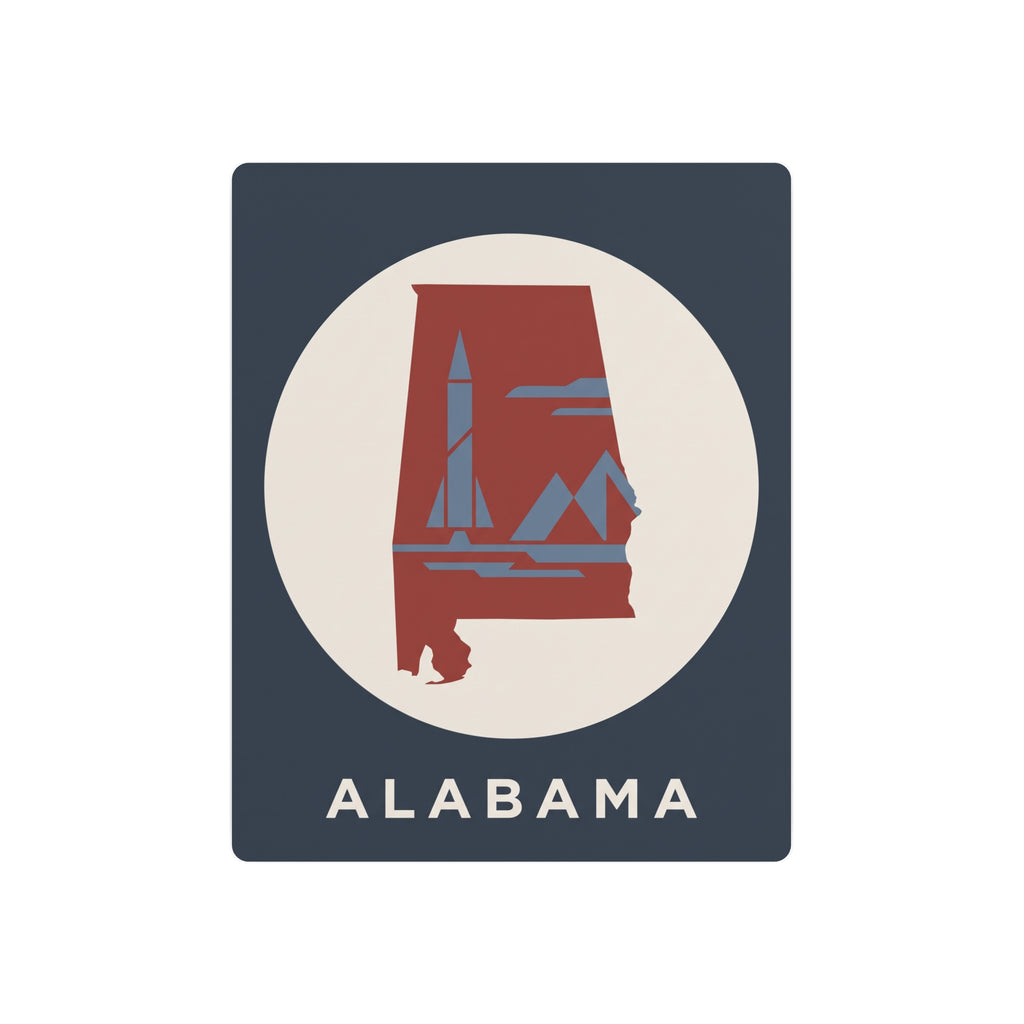 Alabama retro rocket metal wall sign, dark blue square with circular logo and 'ALABAMA'