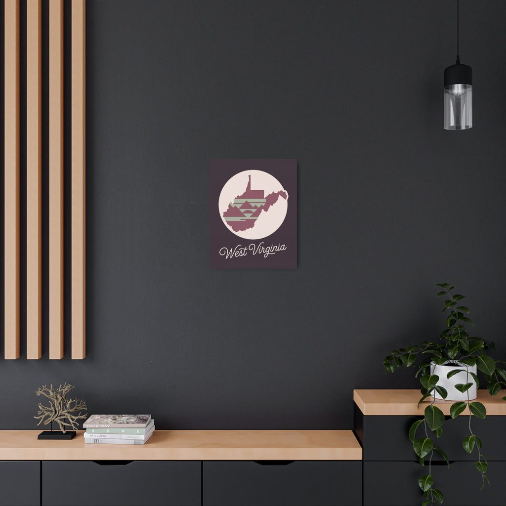 Mauve West Virginia state silhouette metal wall art sign, square with white mountain design