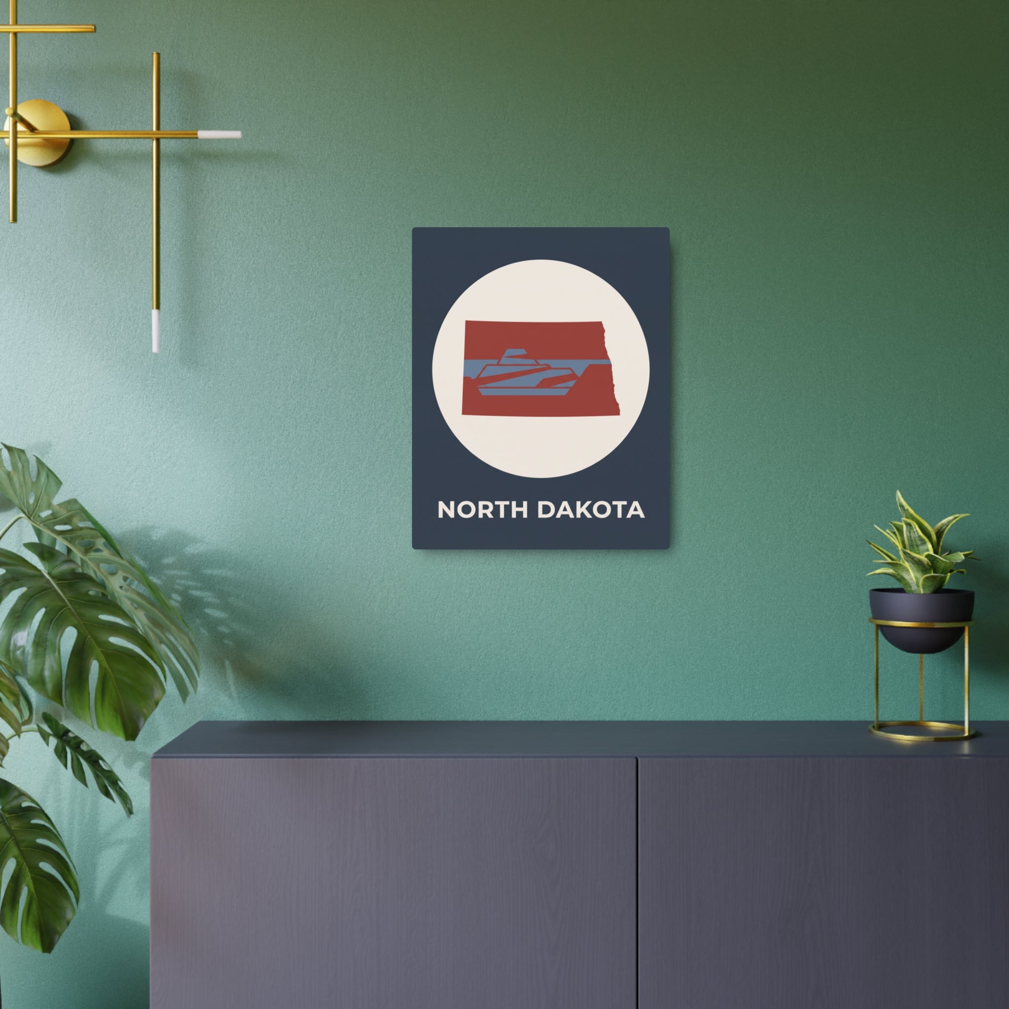 North Dakota metal wall art sign: dark square frame with circular emblem logo