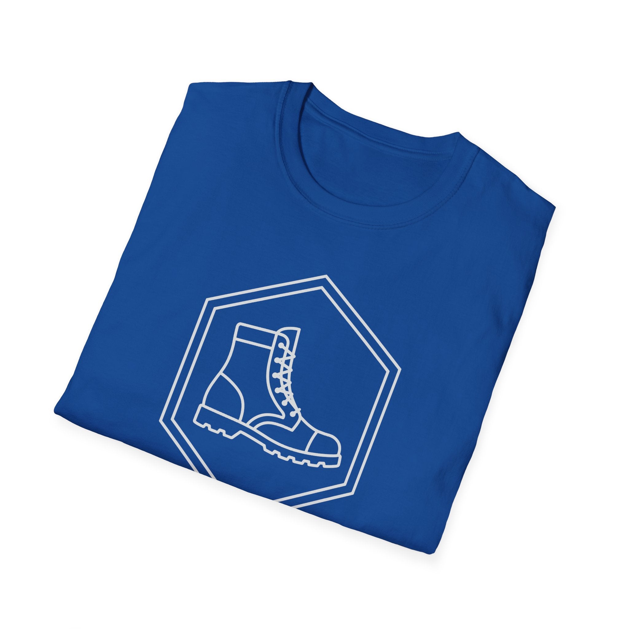 Royal blue T-shirt with line-art military boot in hex badge graphic