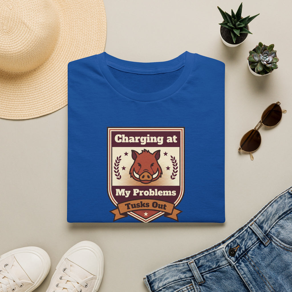 Funny Boar T-Shirt | Charging at My Problems Tusks Out Crest Graphic Tee | Wild Boar Lover Gift
