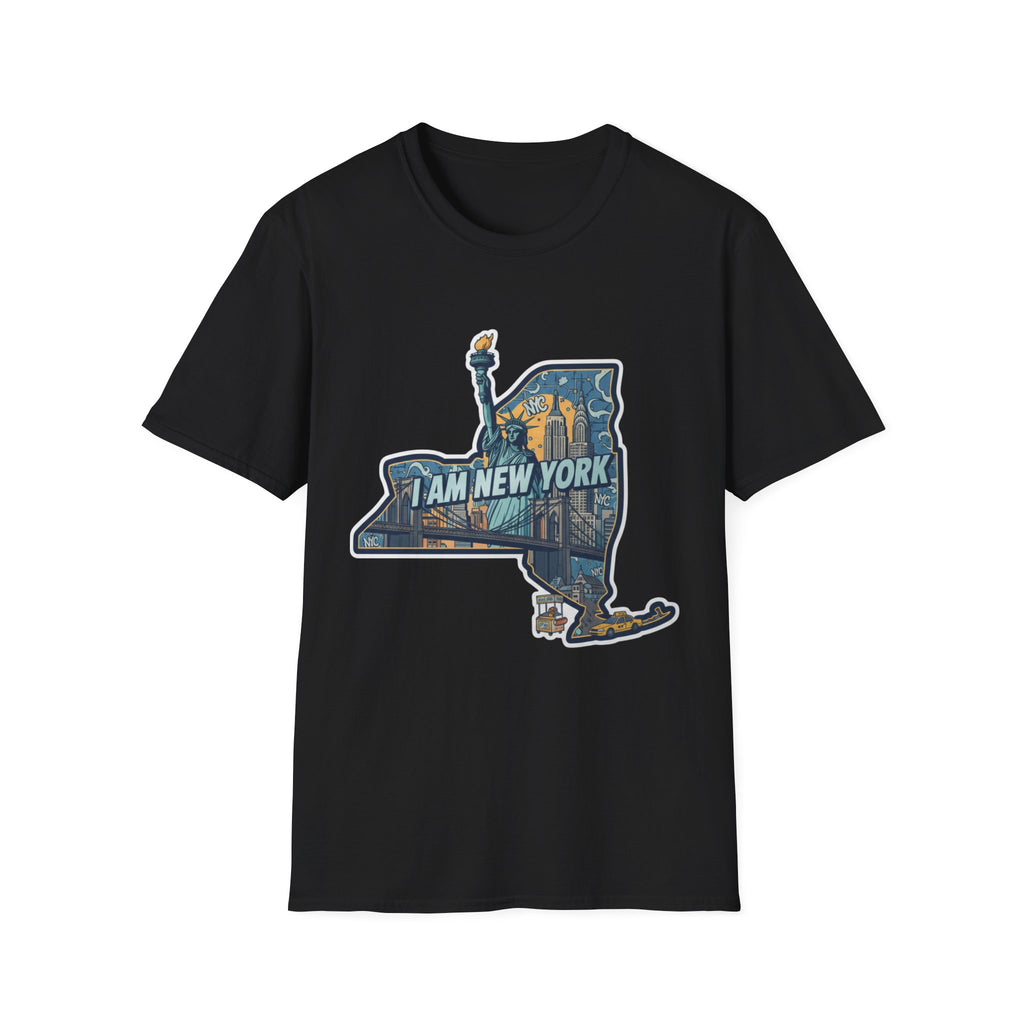Black I Am New York T-shirt with NYC skyline state outline graphic