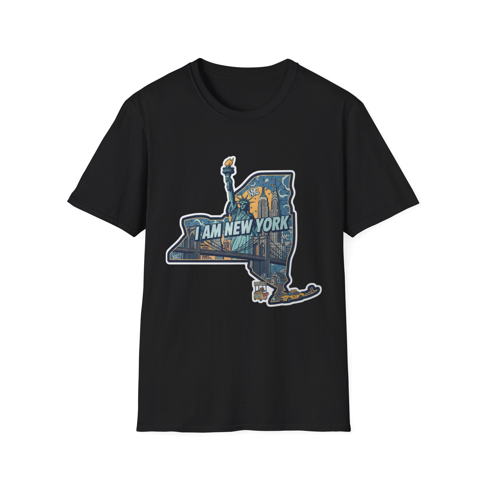 Black I Am New York T-shirt with NYC skyline state outline graphic