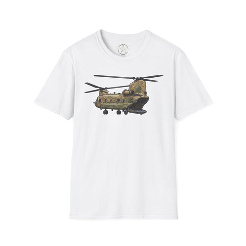 CH-47 T-shirt with tan/green military helicopter graphic on white