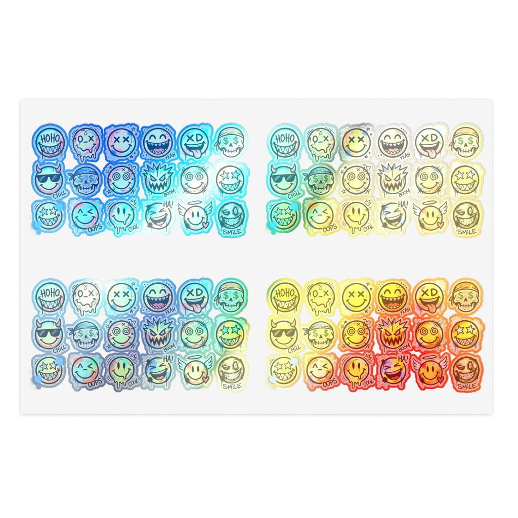 Holographic emoji face sticker sheet with shimmering die-cut cartoon icons