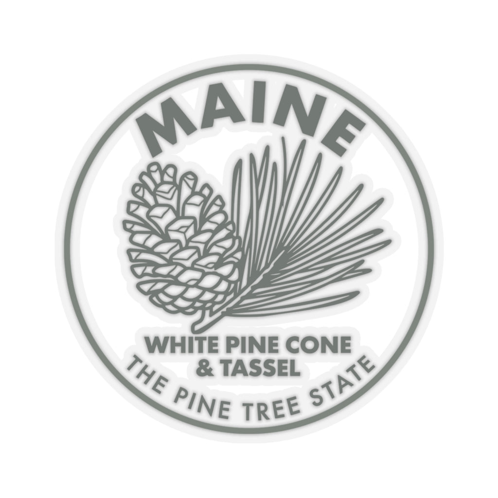 Transparent vinyl decal of circular Maine white pine cone and tassel state flower design
