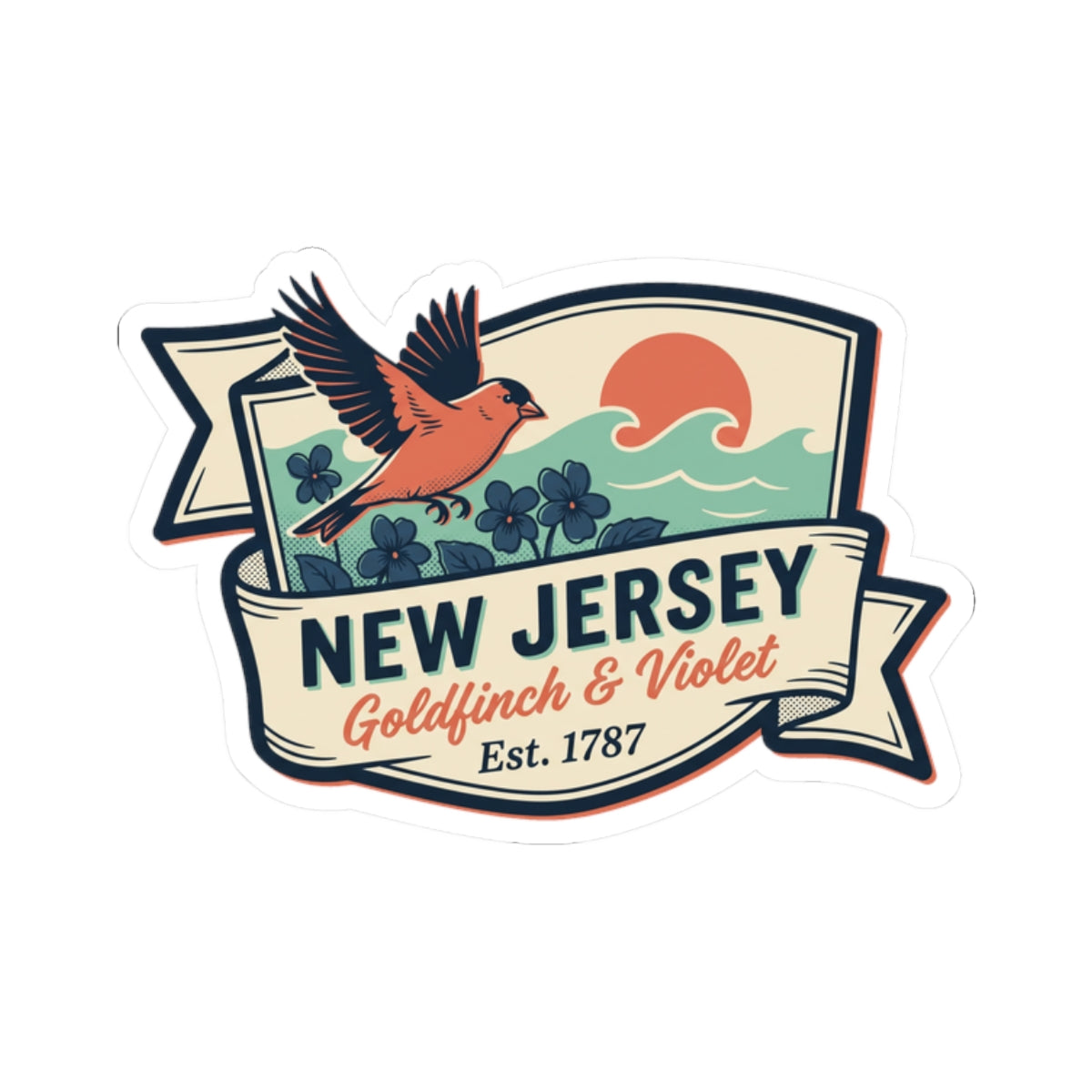 New Jersey Goldfinch & Violet vintage state badge sticker decal, “Est. 1787” readable.