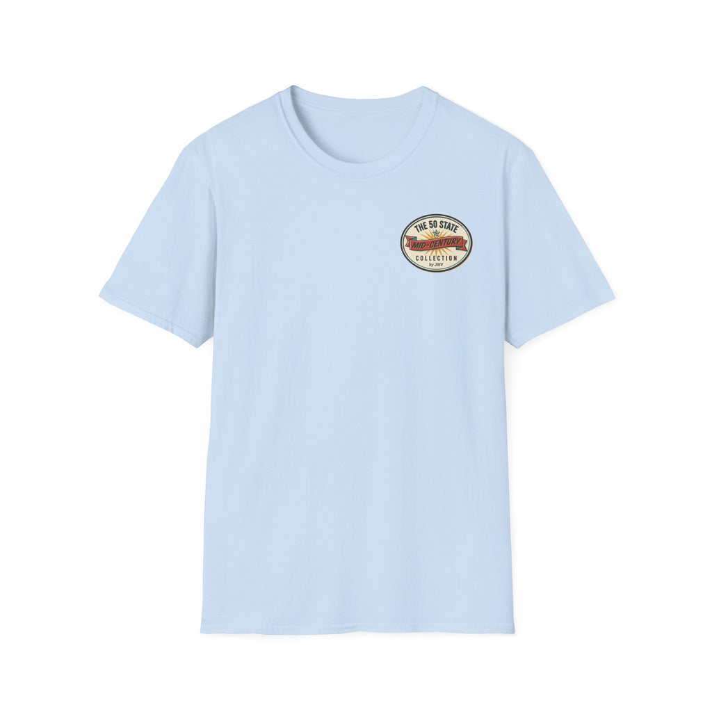 Light blue crewneck T-shirt with small round chest badge logo.