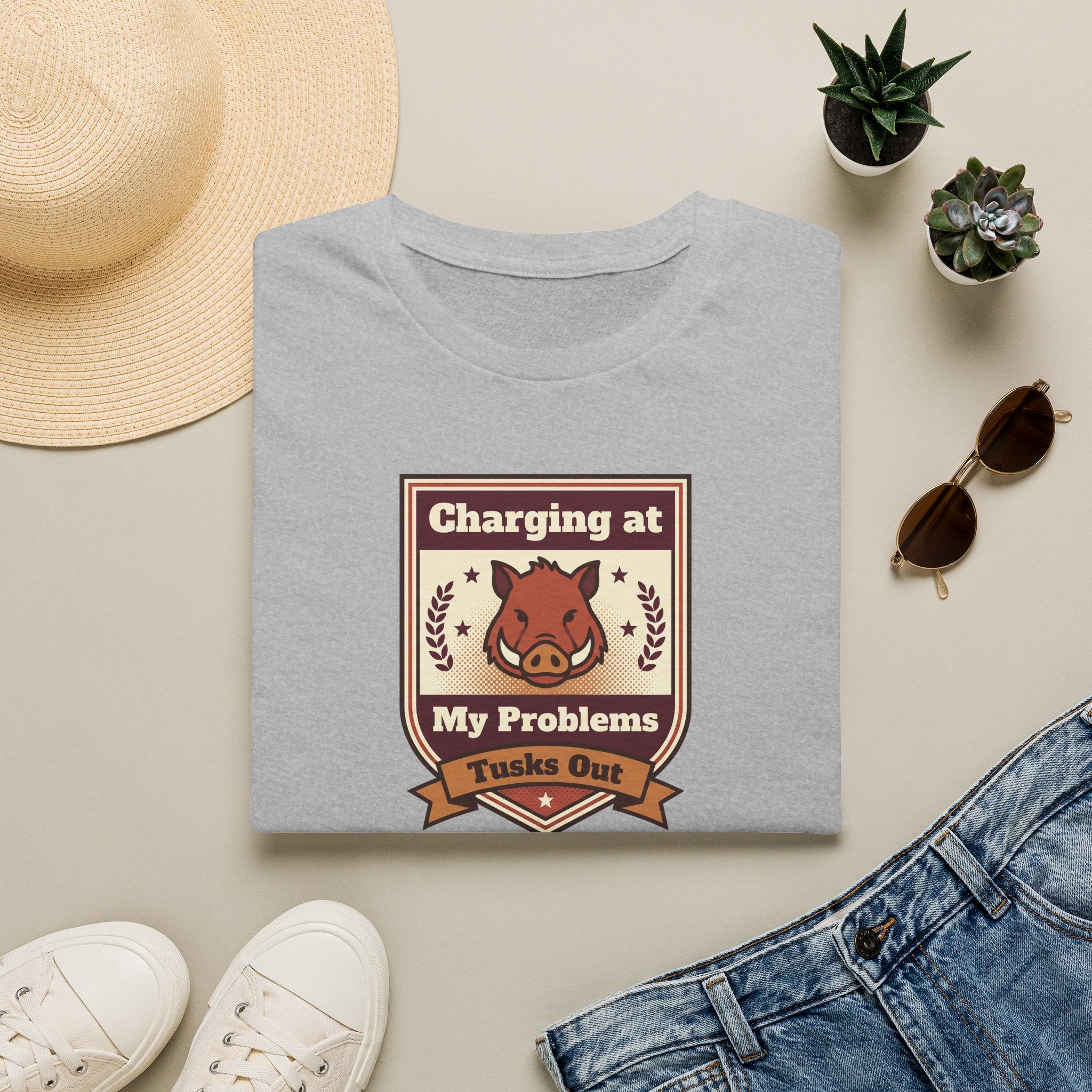 Funny Boar T-Shirt | Charging at My Problems Tusks Out Crest Graphic Tee | Wild Boar Lover Gift
