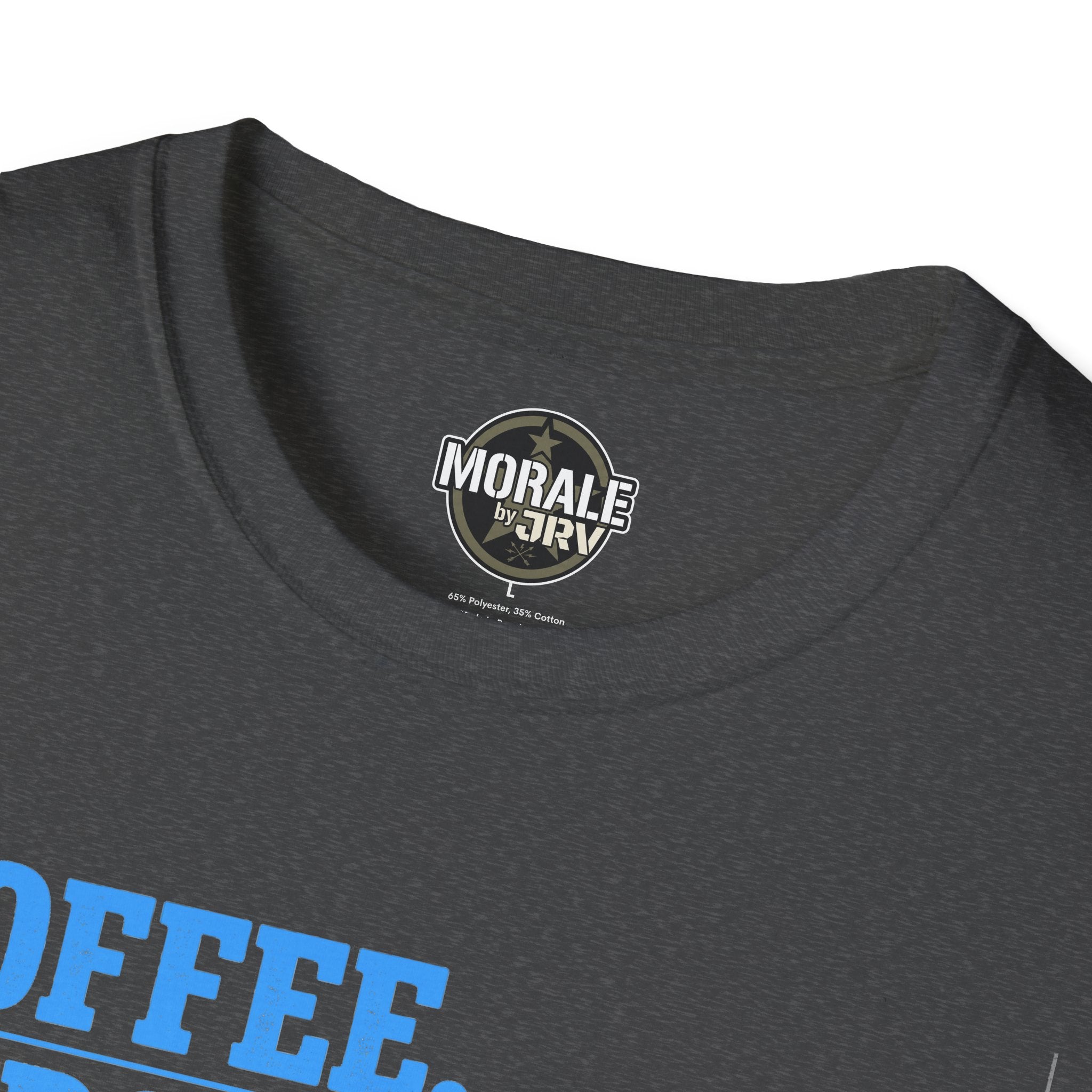 Dark heather T-shirt neckline with round 'MORAL by JR' logo