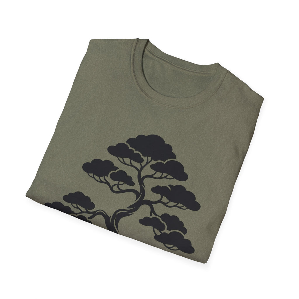 Dark green T-shirt with black bonsai tree silhouette graphic on front