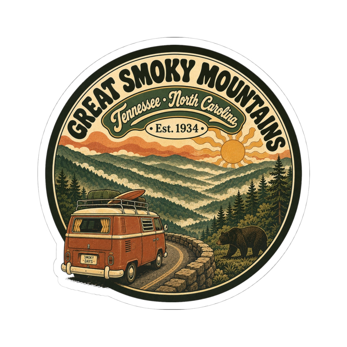 Round kiss-cut sticker showing a retro orange camper van in forested mountain scenery