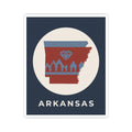 Arkansas emblem sticker with diamond and pine tree silhouettes, blue/red design and ARKANSAS