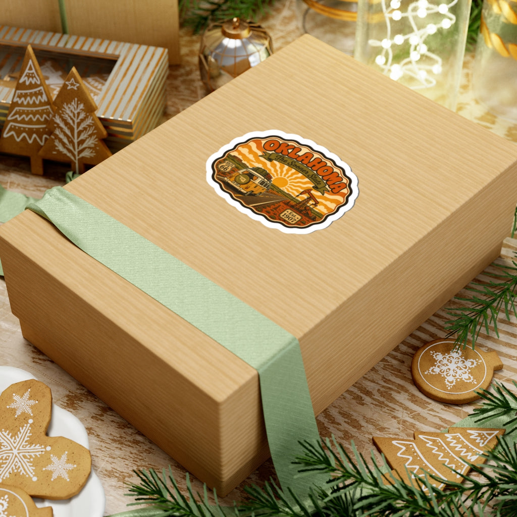 OKLAHOMA Route 66 van sticker decal on a wrapped gift box with white kiss-cut border.