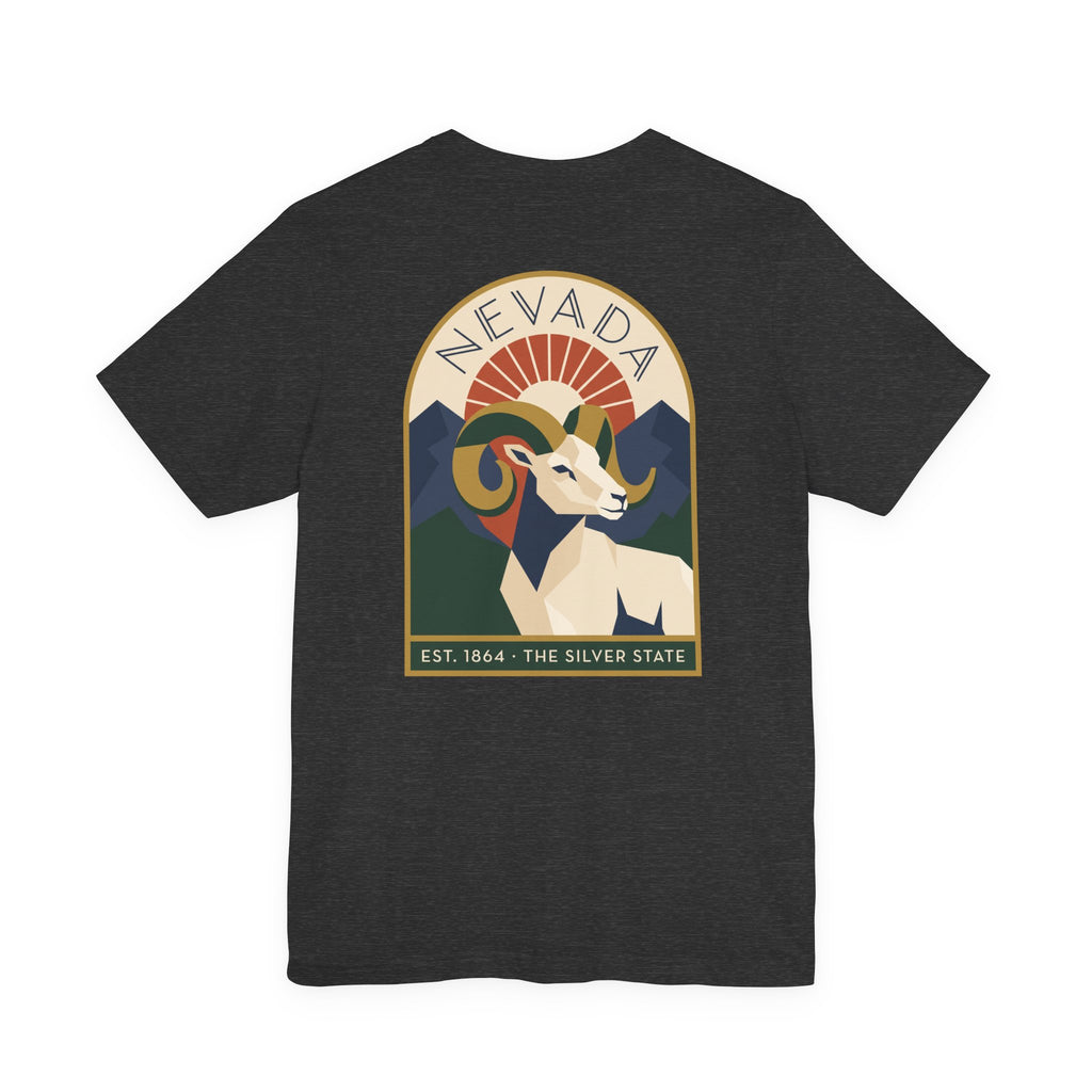 Nevada bighorn sheep art deco T-shirt, dark gray with retro circular chest graphic