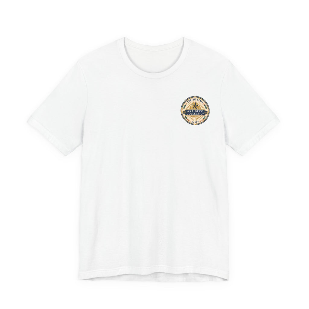 White t-shirt with round logo patch on left chest.