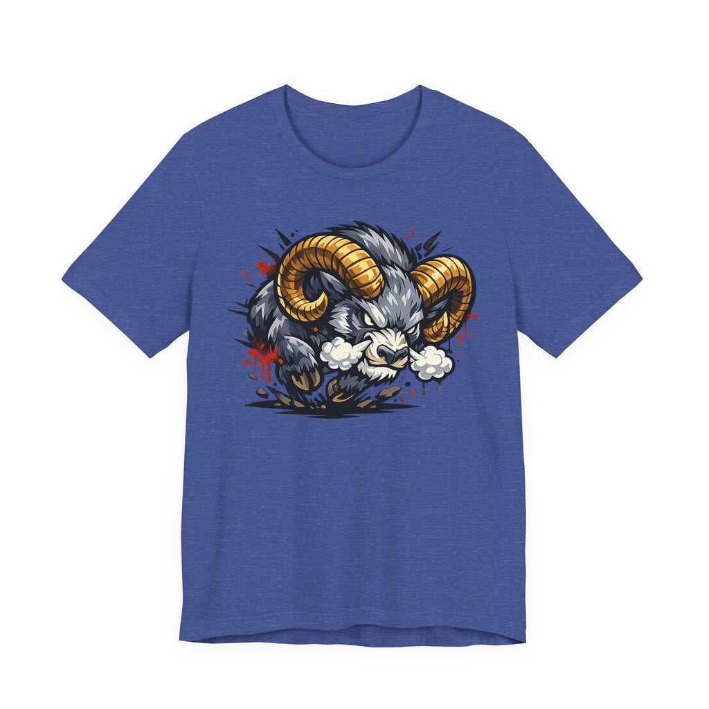 Charging Ram Illustration T-Shirt | Angry Horned Animal Graphic Tee, Wild Bighorn Art Unisex Gift