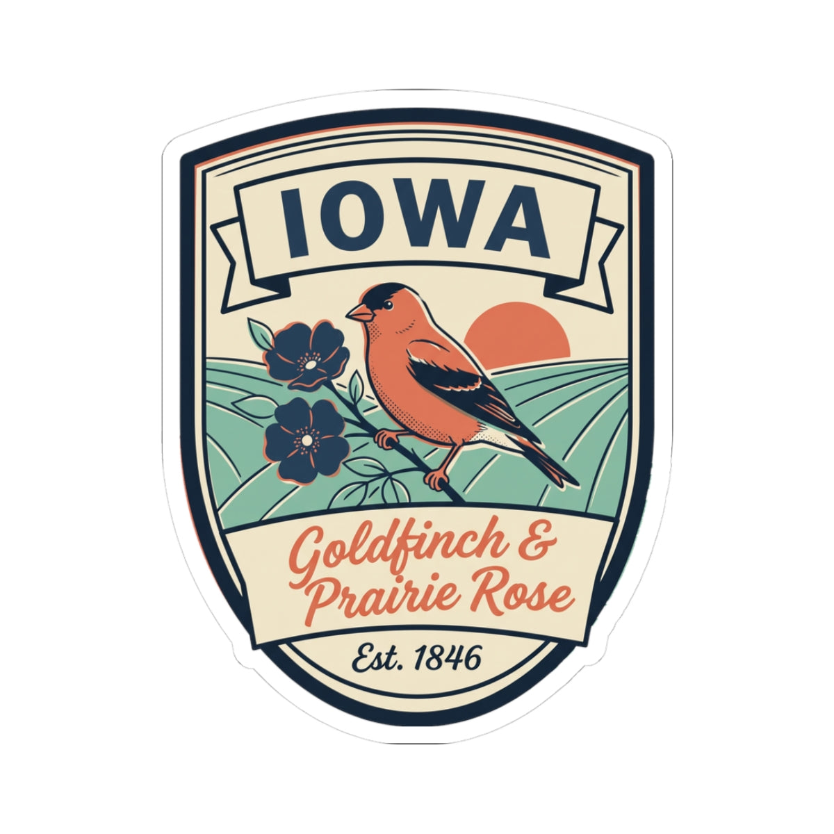 Iowa vintage badge sticker with orange goldfinch and blue prairie rose flowers