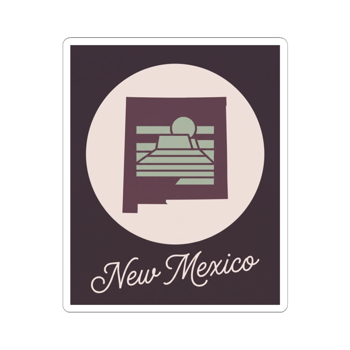 New Mexico sticker decal with circular sunrise over desert mesa and “New Mexico” script