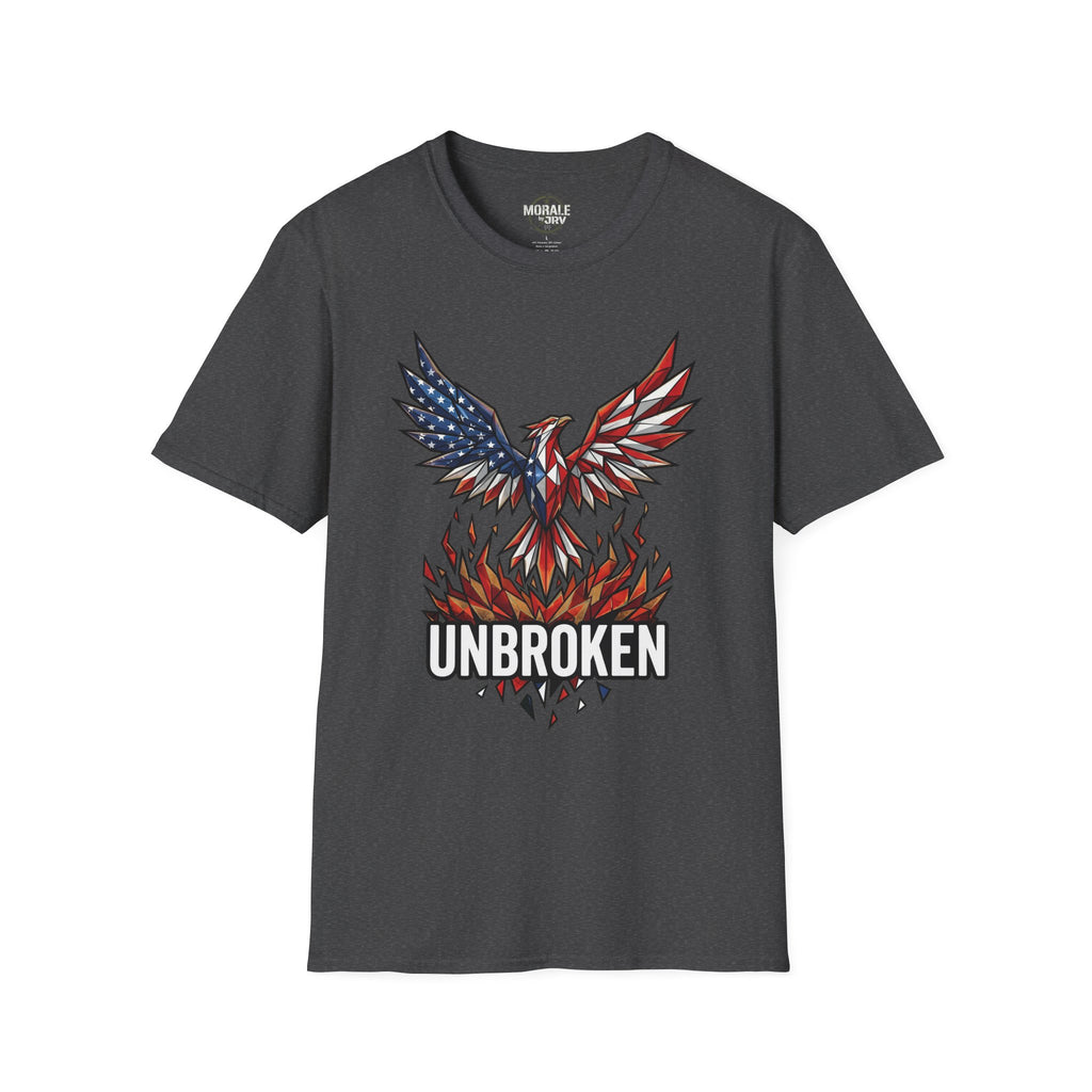 Dark charcoal T-shirt with "UNBROKEN" eagle phoenix graphic and star-spangled wing design
