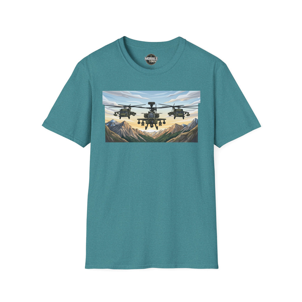 Heather Sapphire T-shirt with colorful helicopter graphic over mountain valley
