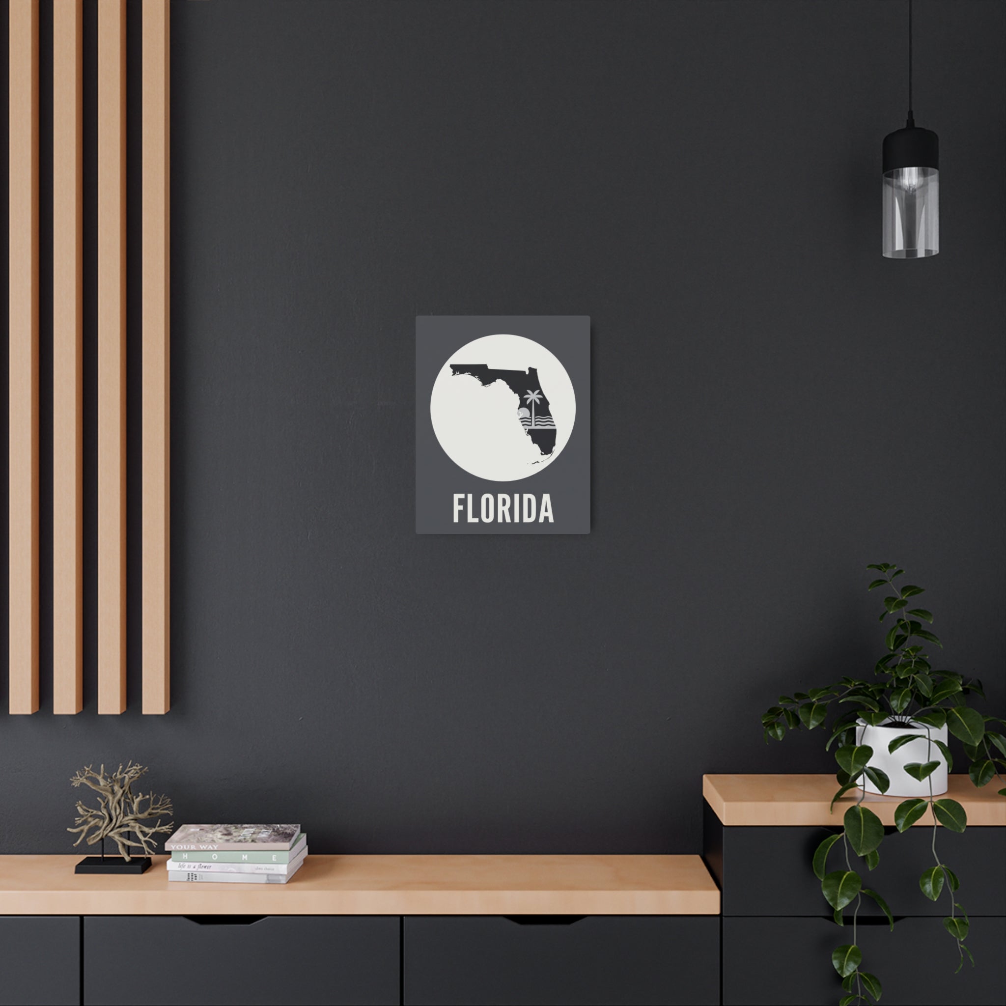 Florida state silhouette metal wall art with palm tree, dark frame, 'FLORIDA' text