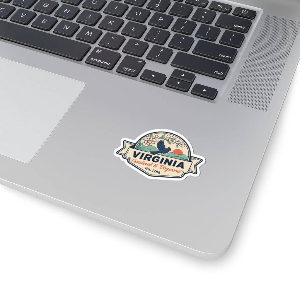 Virginia state badge vinyl sticker with cardinal and dogwood, white border