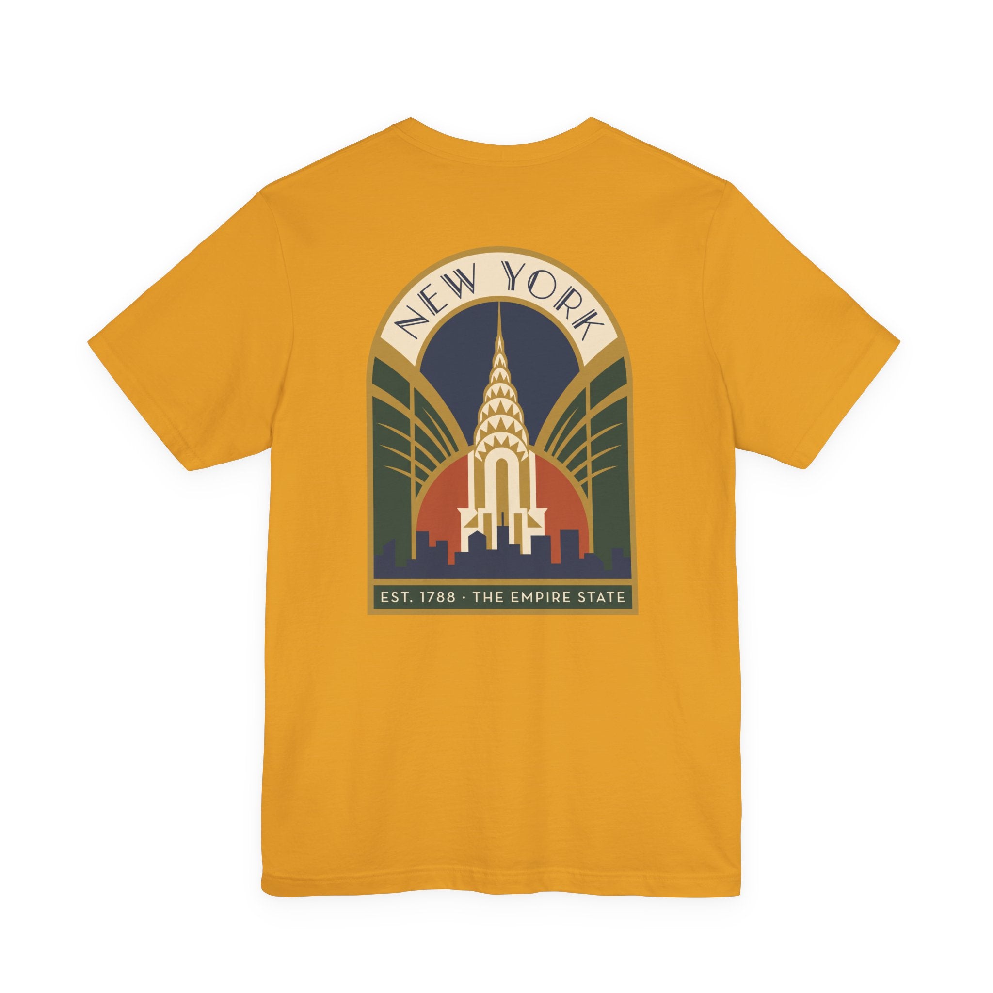 Mustard T-shirt with large round New York skyline emblem graphic