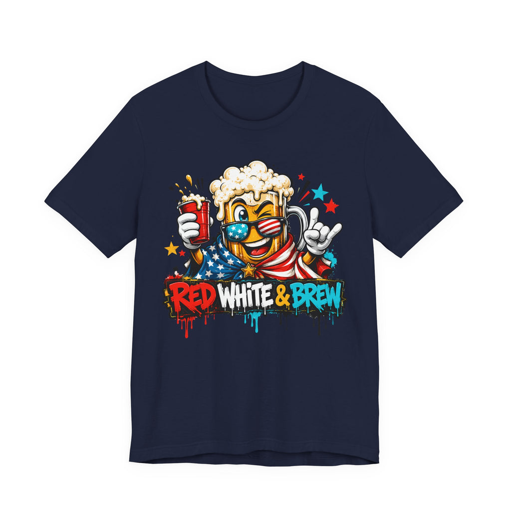 Red White & Brew 4th of July T-Shirt | Patriotic Beer Mascot American Flag Graphic Tee