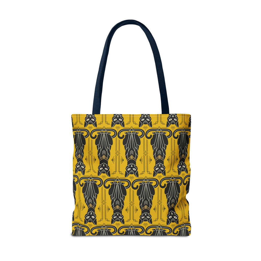 Yellow tote bag front view showing repeating black cat pattern