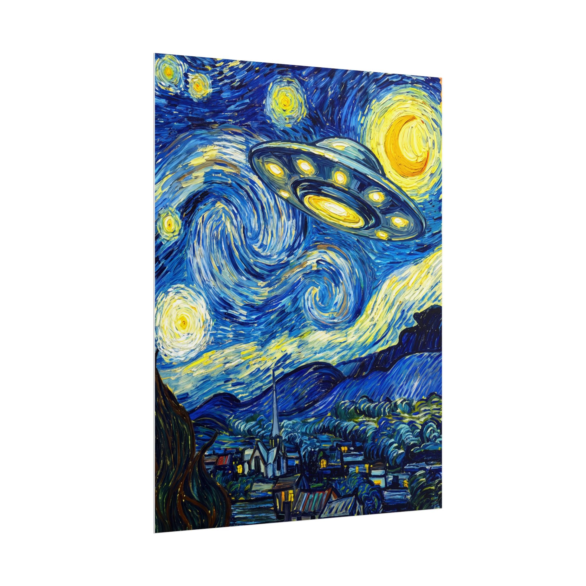 Space art print with a bright yellow moon, swirling blue sky, and a UFO craft