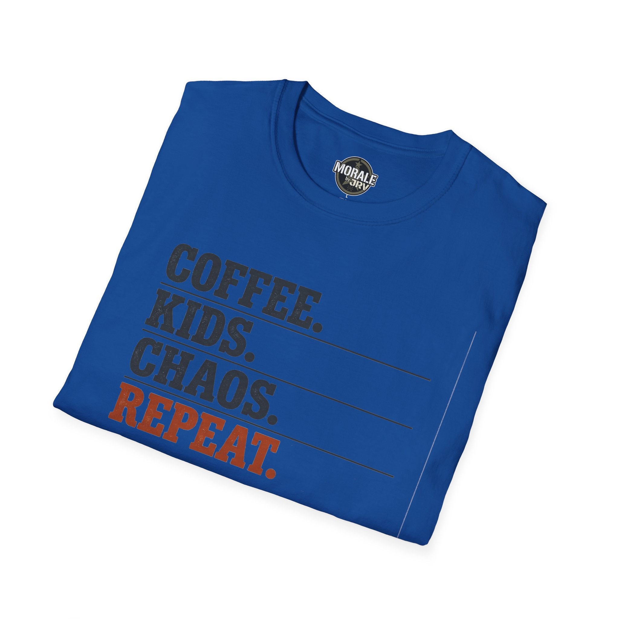 Royal blue T-shirt front with 'COFFEE. KIDS. CHAOS. REPEAT.' graphic