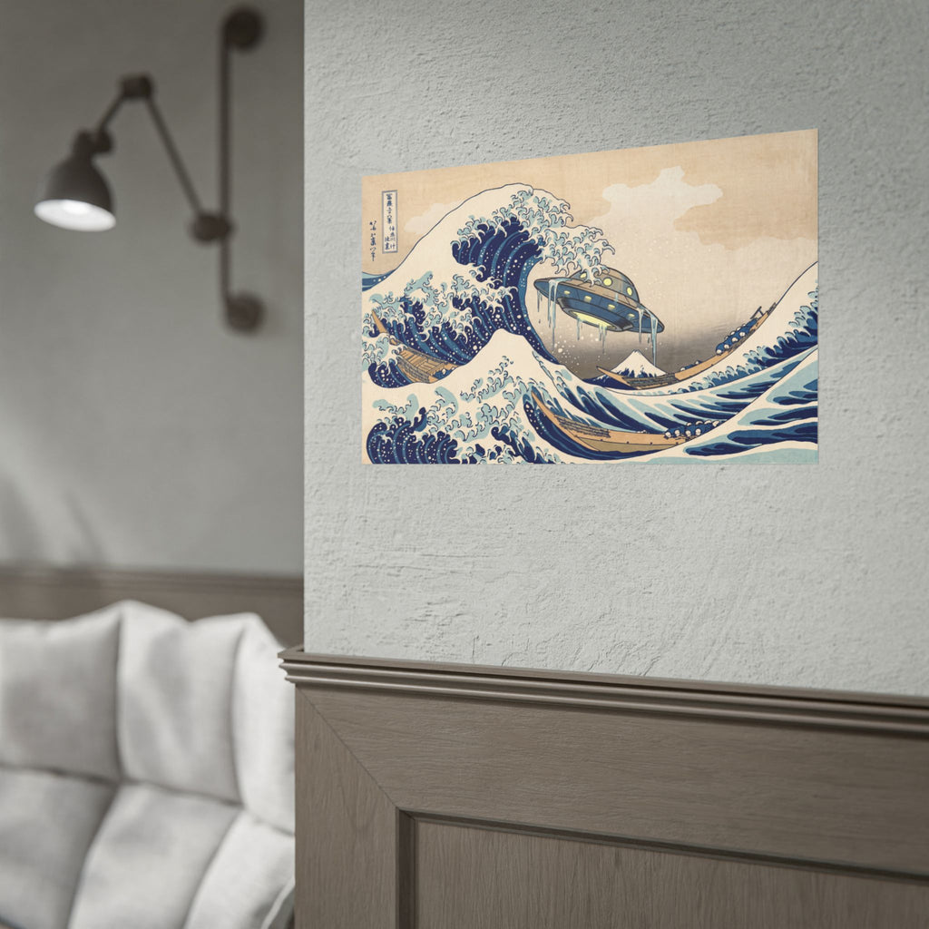 Wave print poster with blue ocean waves and UFO craft, mounted on wall