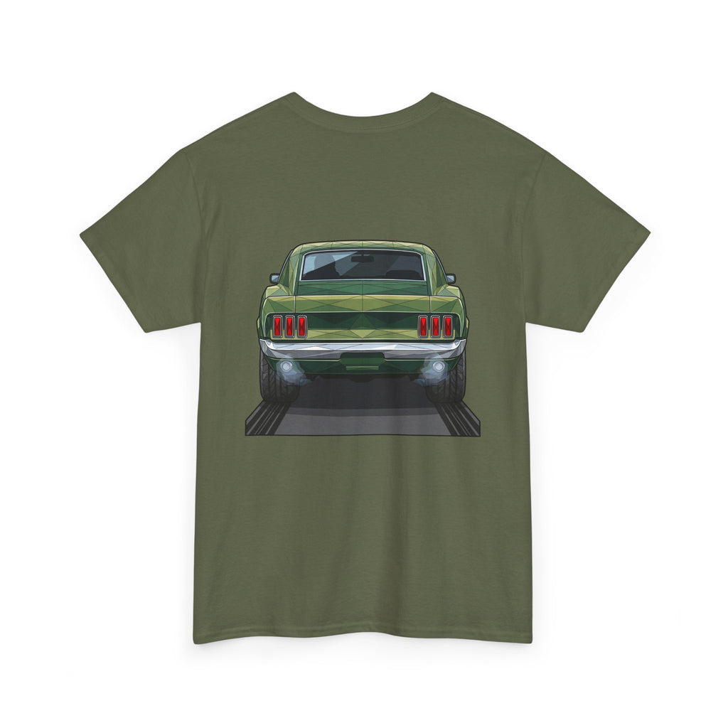 Green Classic Muscle Car T-Shirt | Vintage Mustang Front Back Illustration