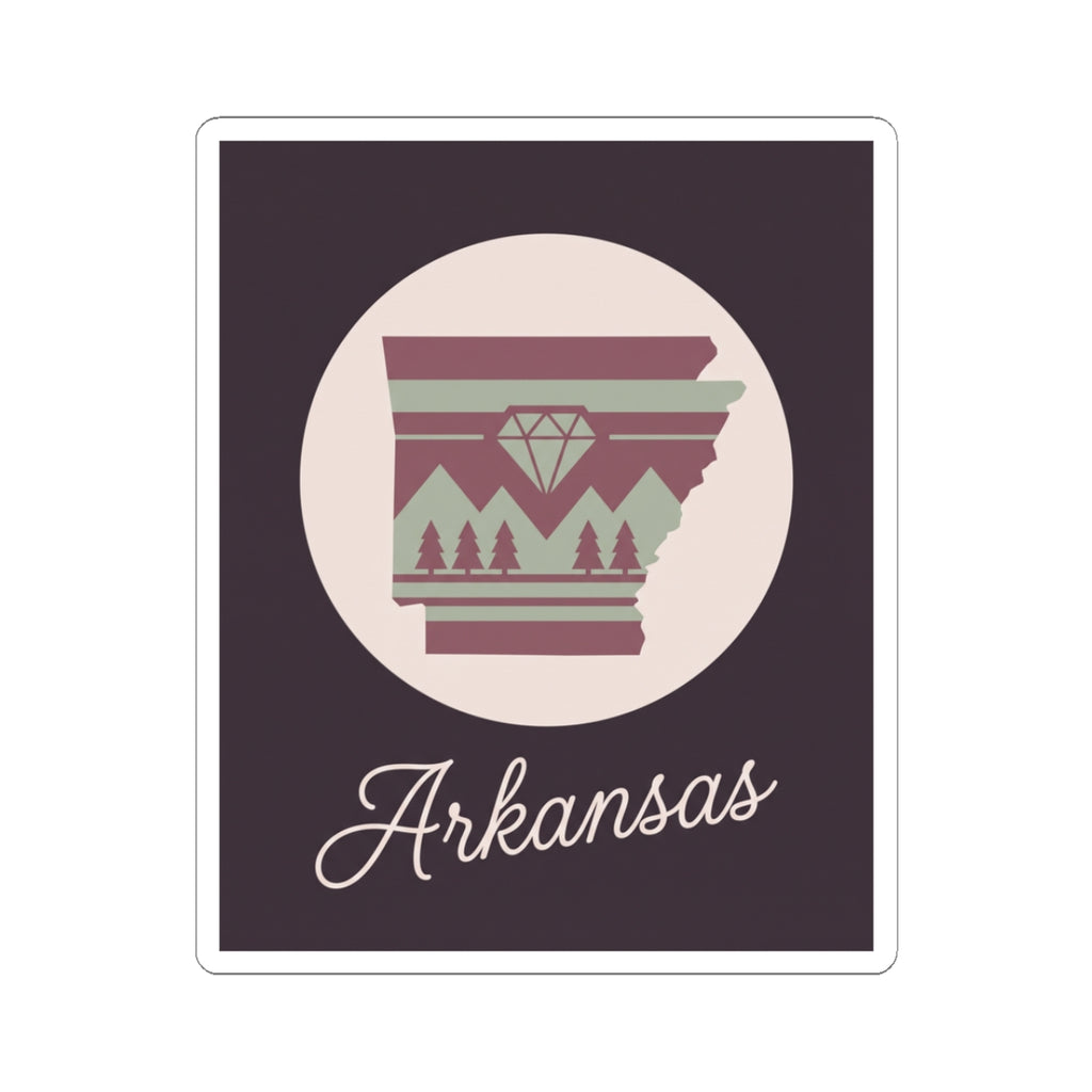 Arkansas state silhouette vinyl sticker, maroon and green with 'Arkansas' text, kiss-cut