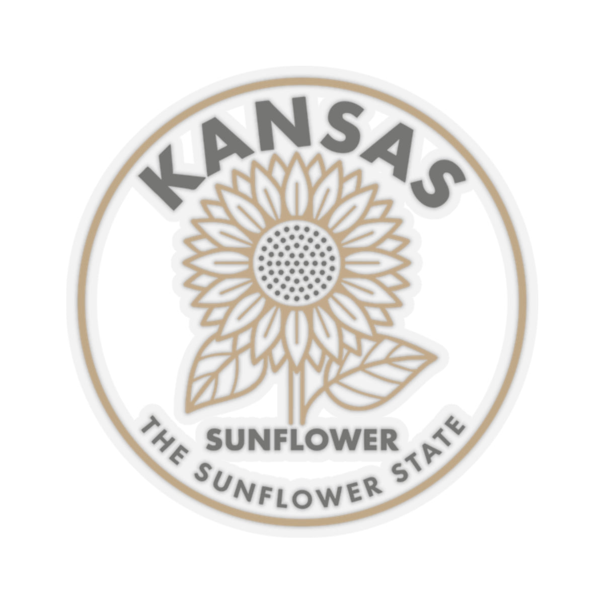 Close-up round Kansas sunflower state sticker with sunflower icon and wording