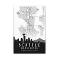Seattle skyline map matte canvas with “SEATTLE WASHINGTON” and coordinates below.