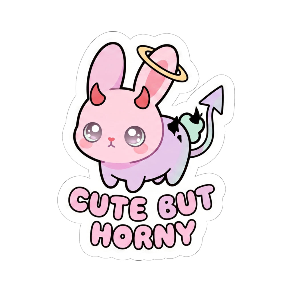 Pastel kawaii bunny sticker with halo ring, bat wing tail, and 'Cute But Horny' text