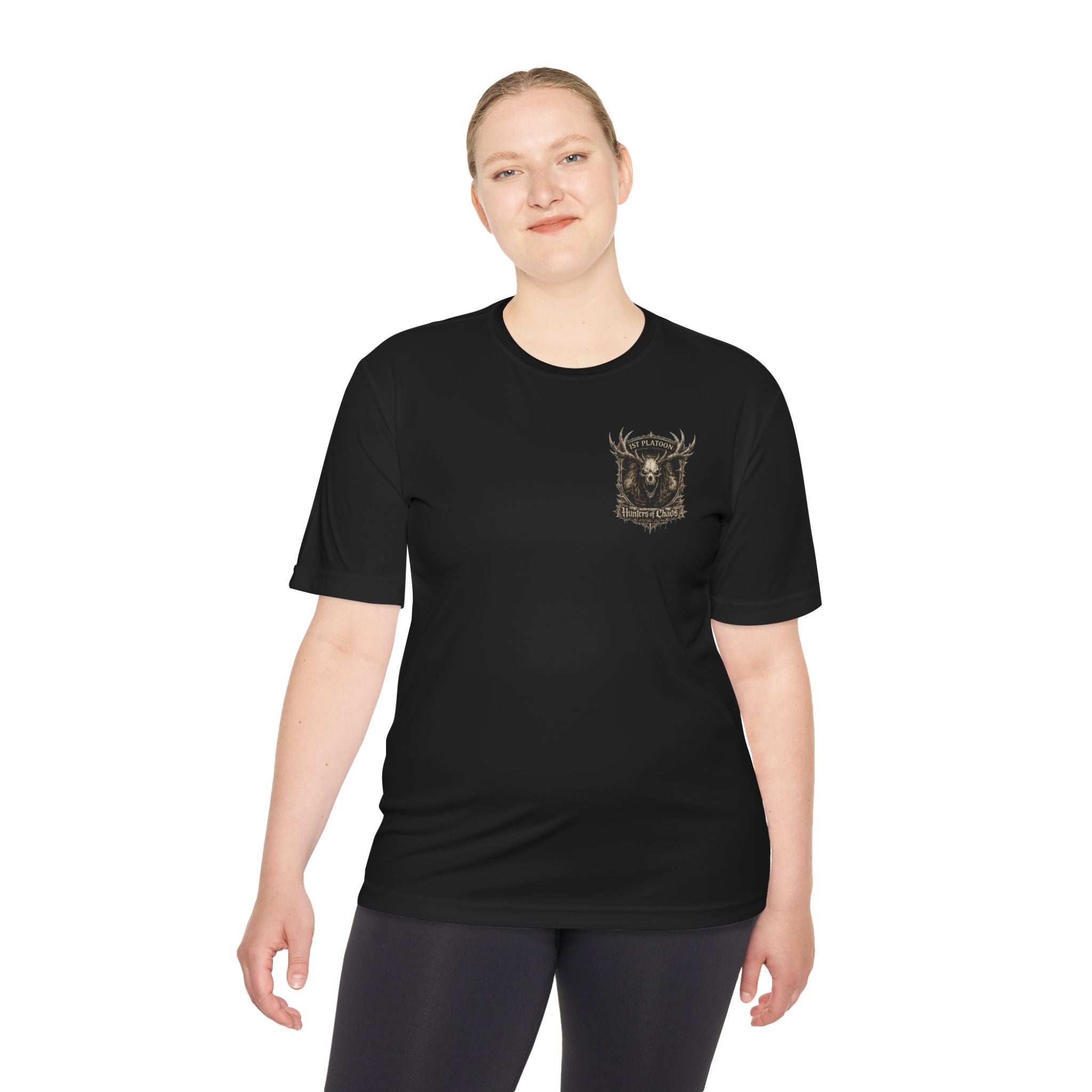 Black T-shirt with small chest deer emblem logo, worn by woman