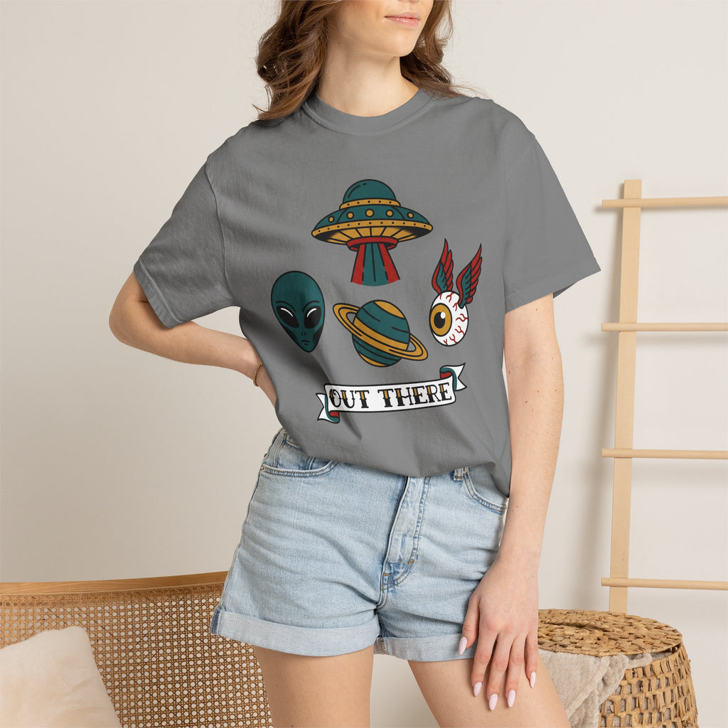 Slate blue alien and UFO patchwork graphic T-shirt with “OUT THERE” label on front