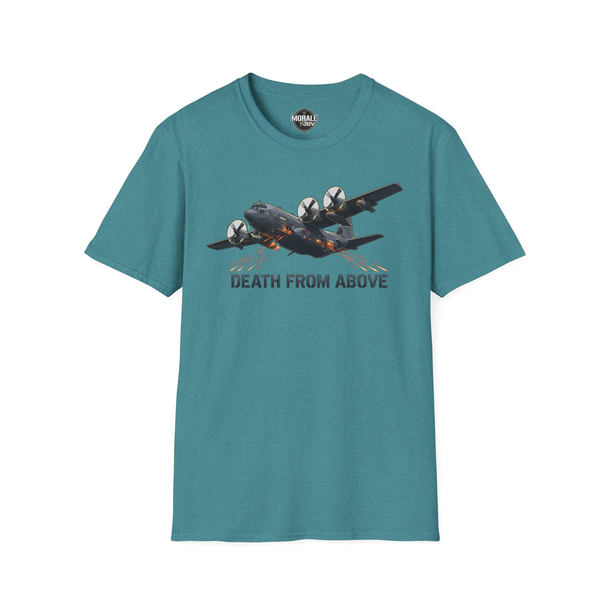 Death From Above T-Shirt in teal with military plane graphic and orange flame details