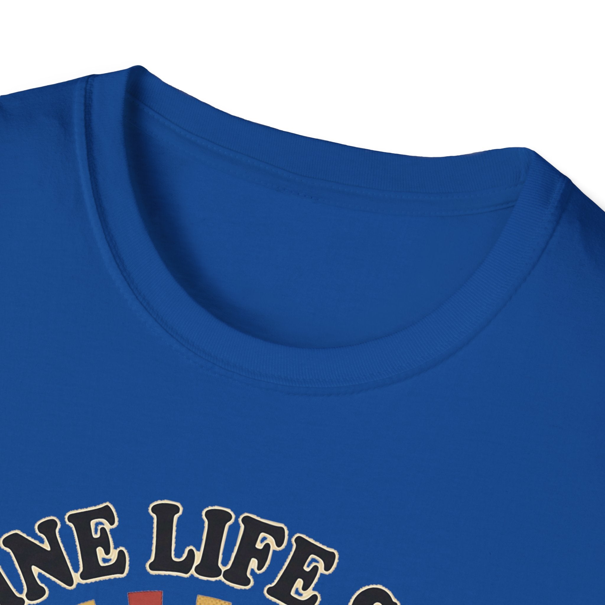 Royal blue T-shirt, crew neck, partial 'NE LIFE' cartoon coffee design