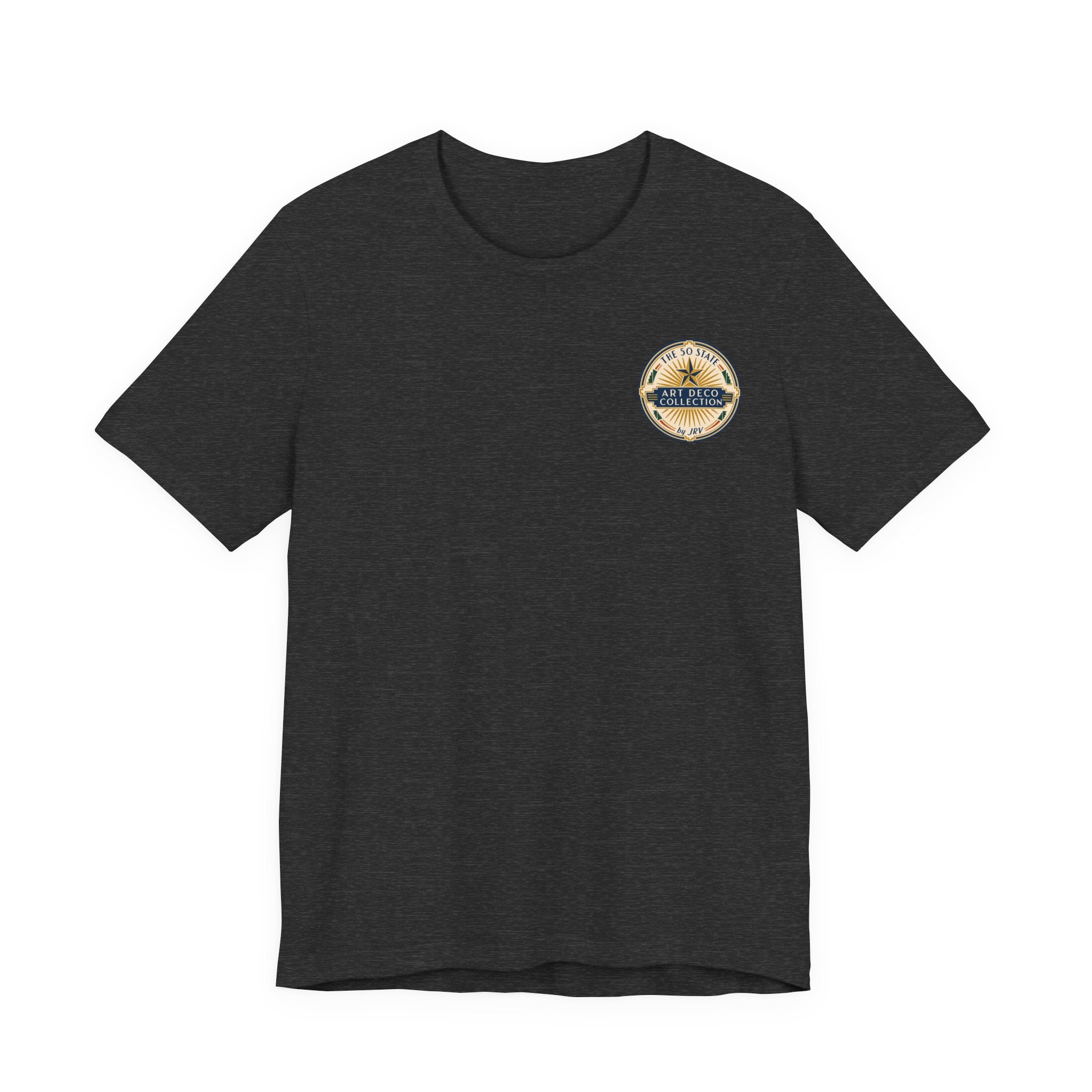 Dark gray crewneck t-shirt with small circular logo on left chest