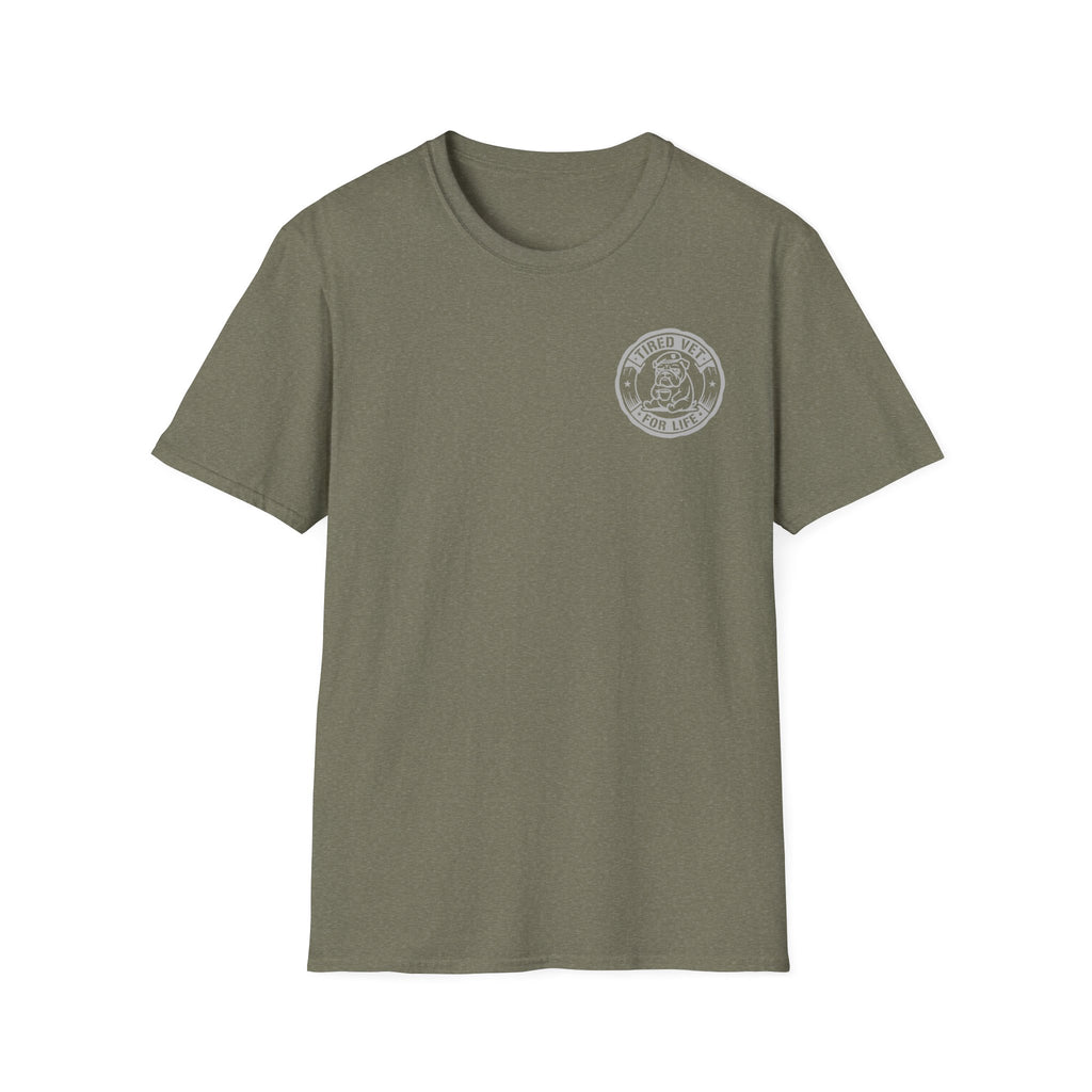 Funny Retired Veteran T-Shirt Humorous Sleeping Desk Graphic Tee with Military Chest Badge for Vets