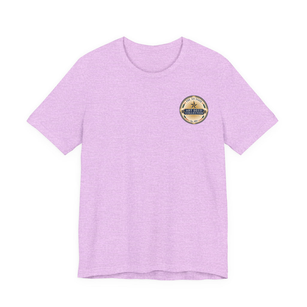 Mauve crewneck T-shirt with small circular chest logo, short sleeves